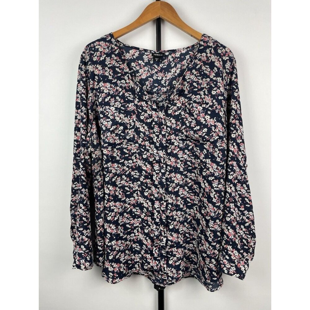 Torrid Navy‎ Floral Blossom Georgette Pullover Roll Tab Sleeve Blouse Size 3X
